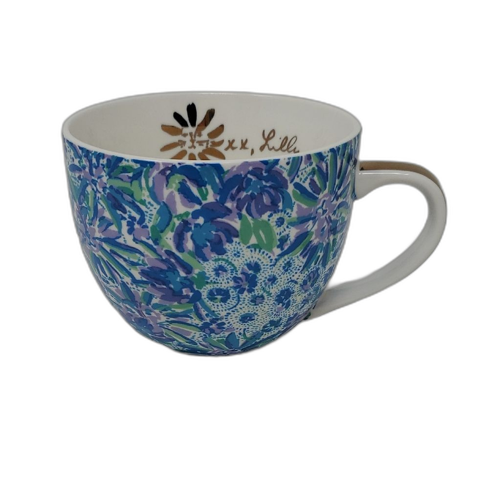 Lilly Pulitzer Blue and Green Big Floral Mug Gold Inside Writing Signed Bottom